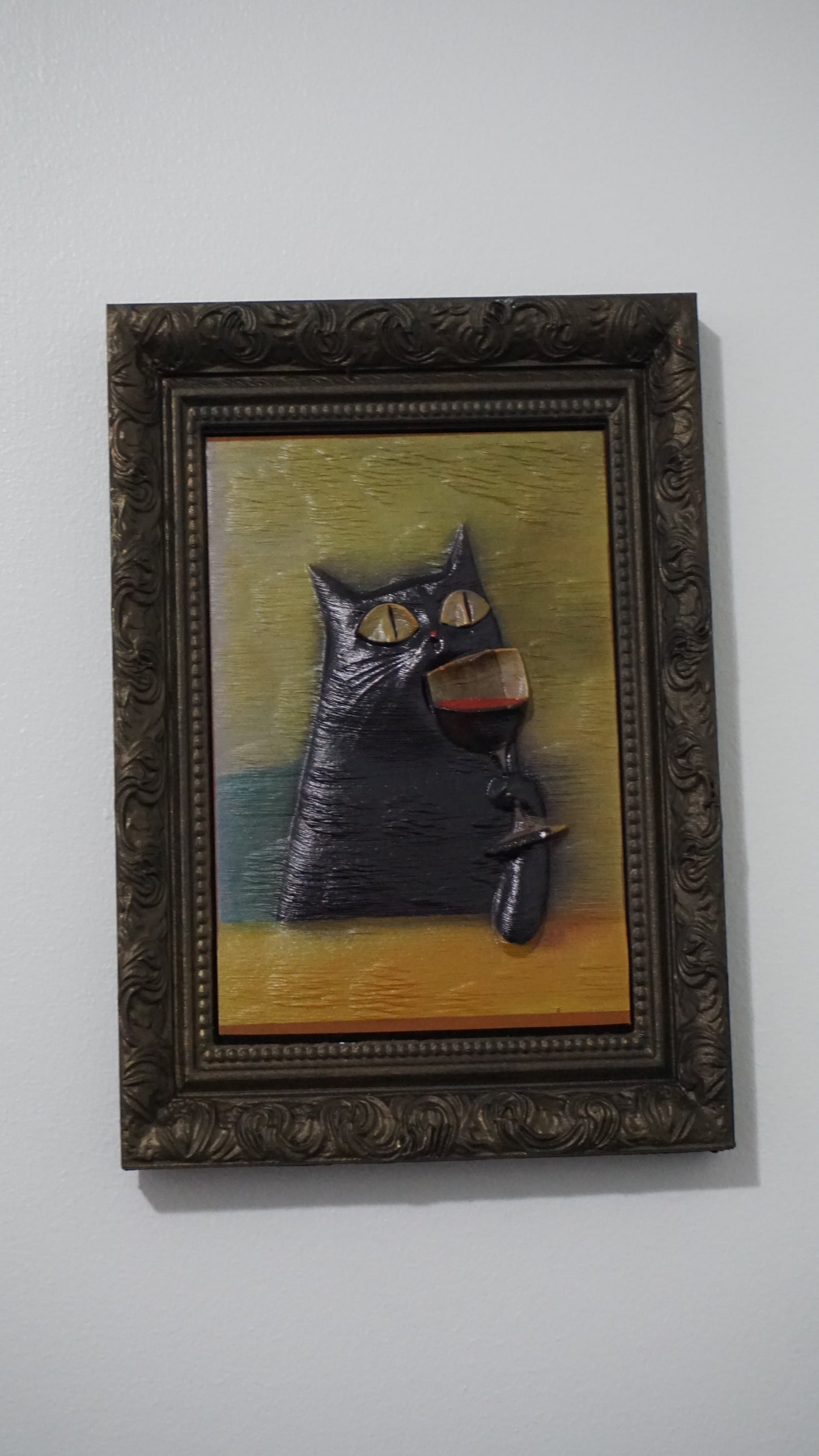 Cat Drinking Red Wine Relief Wall Art | Funny Sophisticated Cat Portrait | Framed Cat Artwork | Vintage Feline Decor | Custom Frame Color
