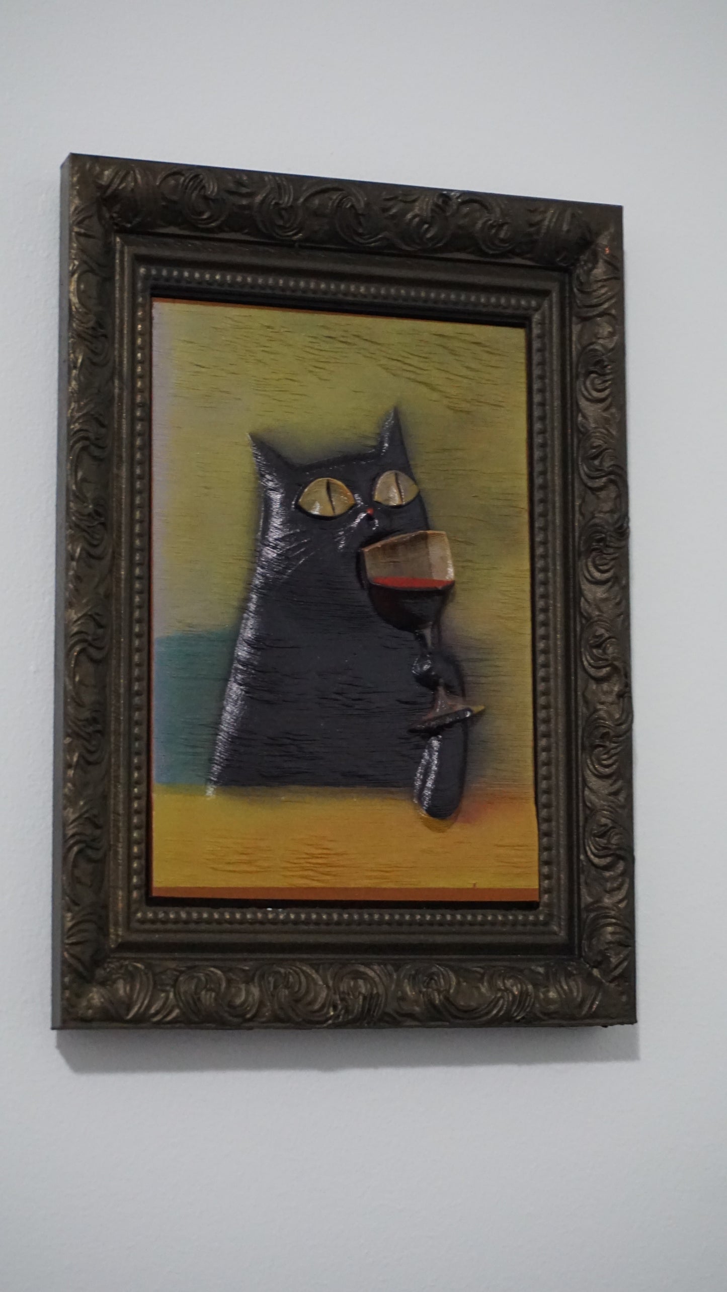 Cat Drinking Red Wine Relief Wall Art | Funny Sophisticated Cat Portrait | Framed Cat Artwork | Vintage Feline Decor | Custom Frame Color