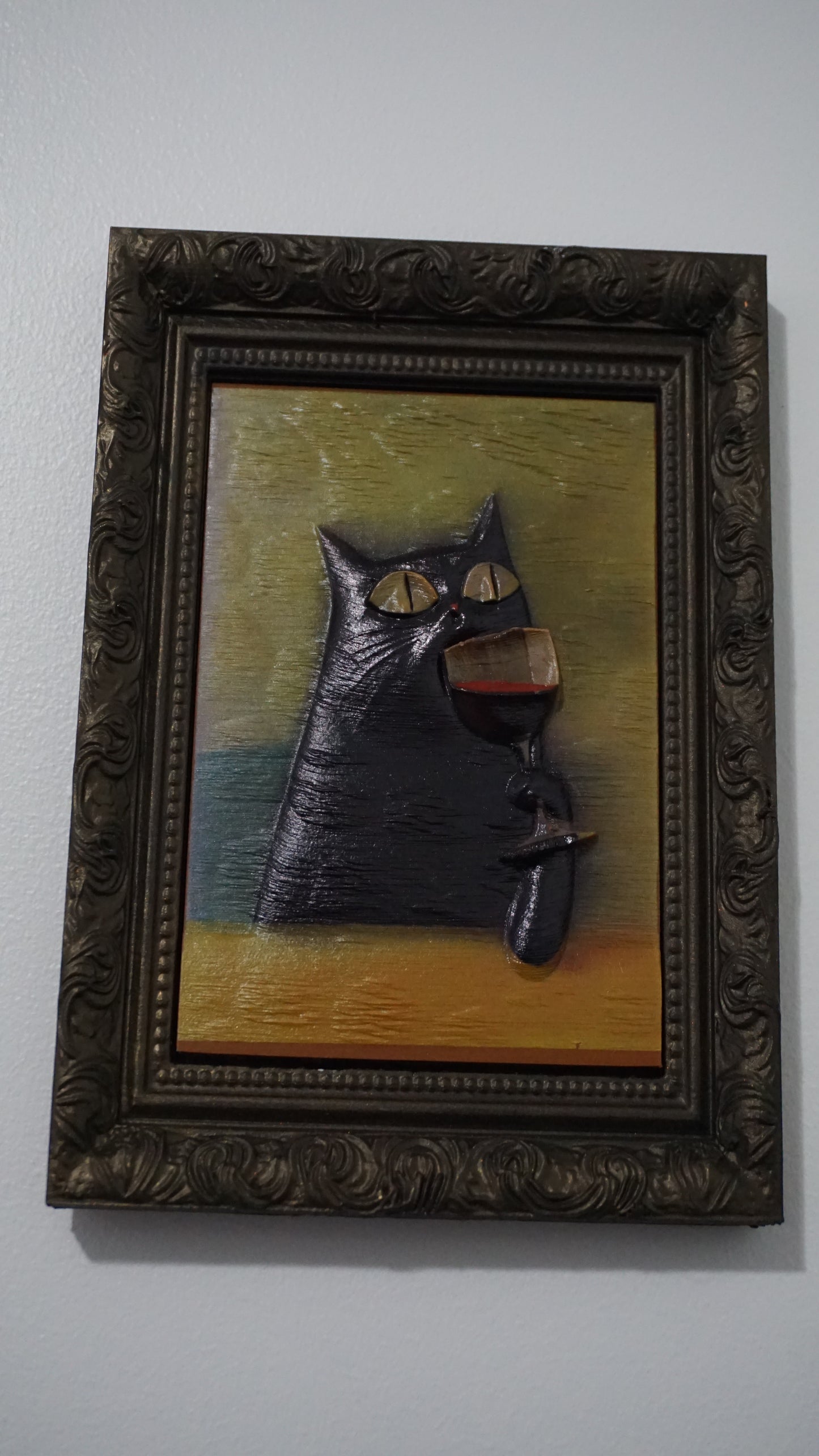 Cat Drinking Red Wine Relief Wall Art | Funny Sophisticated Cat Portrait | Framed Cat Artwork | Vintage Feline Decor | Custom Frame Color