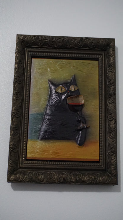 Cat Drinking Red Wine Relief Wall Art | Funny Sophisticated Cat Portrait | Framed Cat Artwork | Vintage Feline Decor | Custom Frame Color