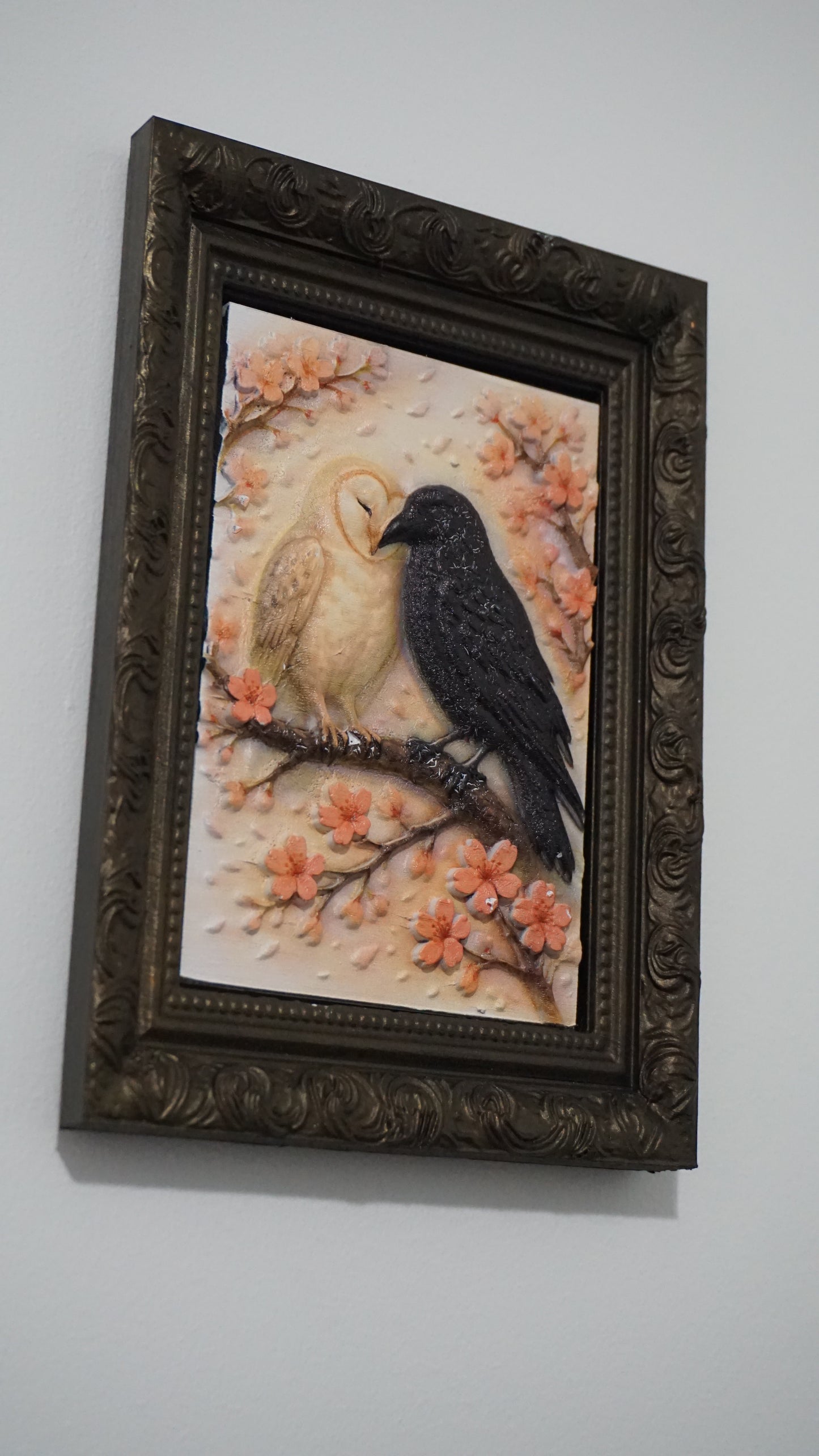 Feathers of Light and Darkness Relief Wall Art | Framed Bird Artwork | Gothic Friendship Decor | Dark Academia Wall Art | Custom Frame Color