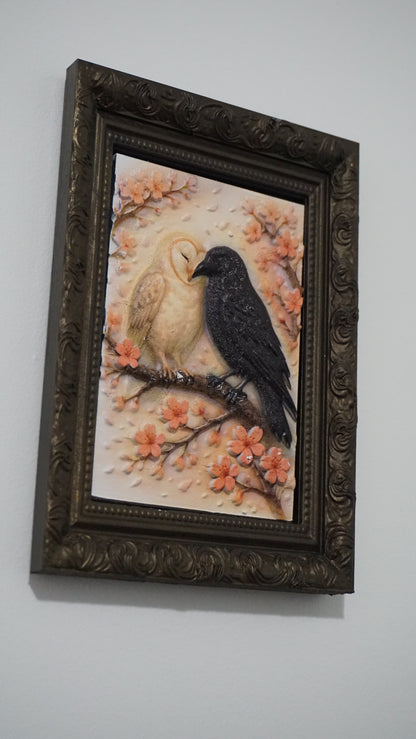 Feathers of Light and Darkness Relief Wall Art | Framed Bird Artwork | Gothic Friendship Decor | Dark Academia Wall Art | Custom Frame Color
