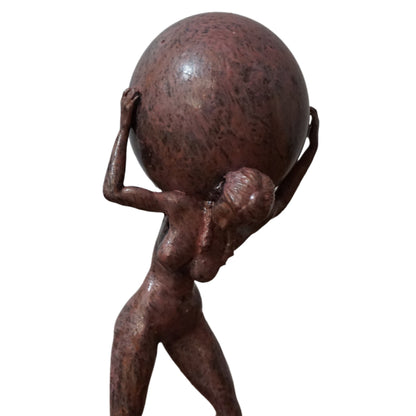 Female Atlas Statue | Woman Carrying Globe Sculpture | Antique Pink Figure | World Bearer Statue | Mythology Inspired Decor