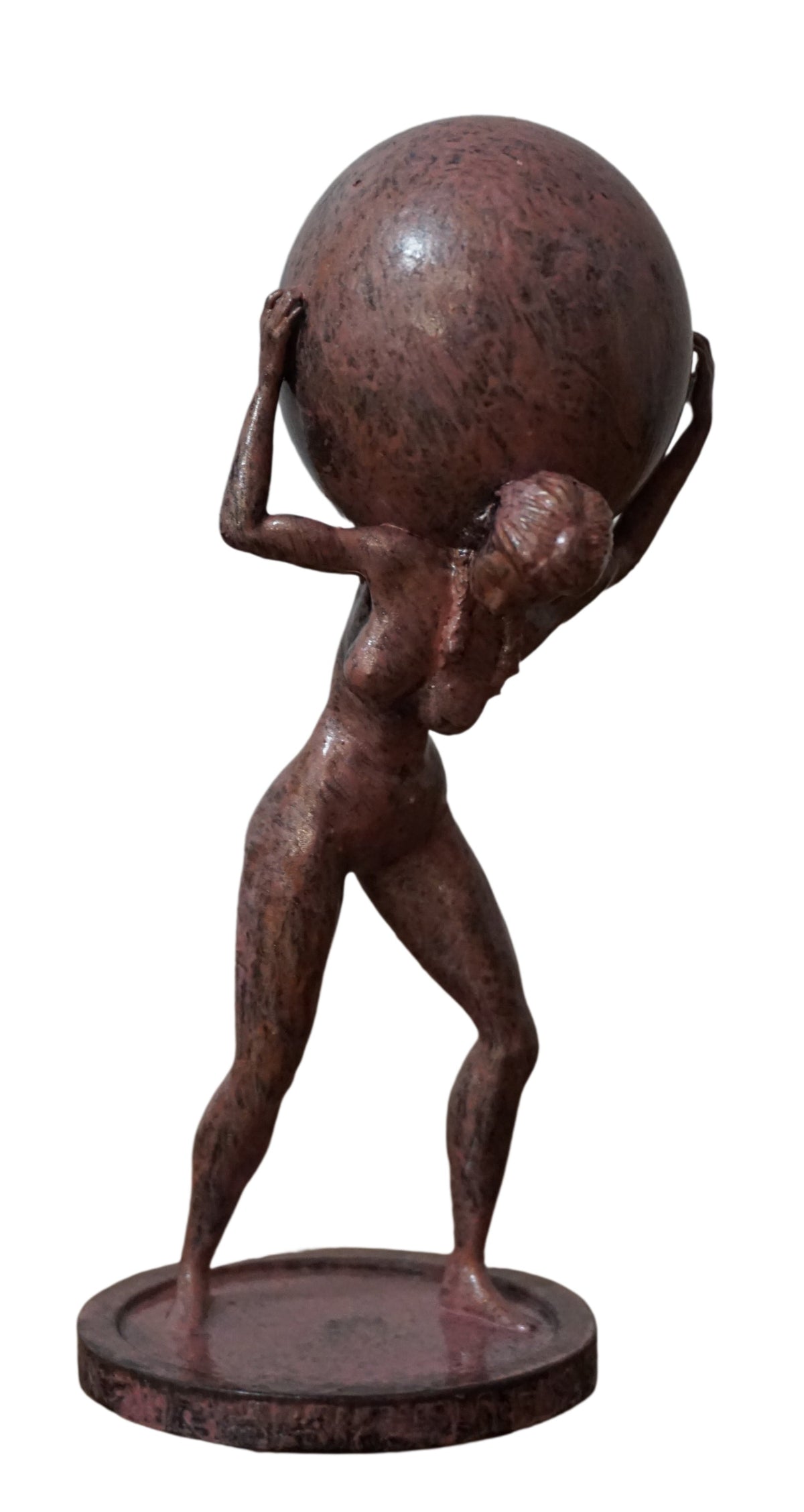 Female Atlas Statue | Woman Carrying Globe Sculpture | Antique Pink Figure | World Bearer Statue | Mythology Inspired Decor