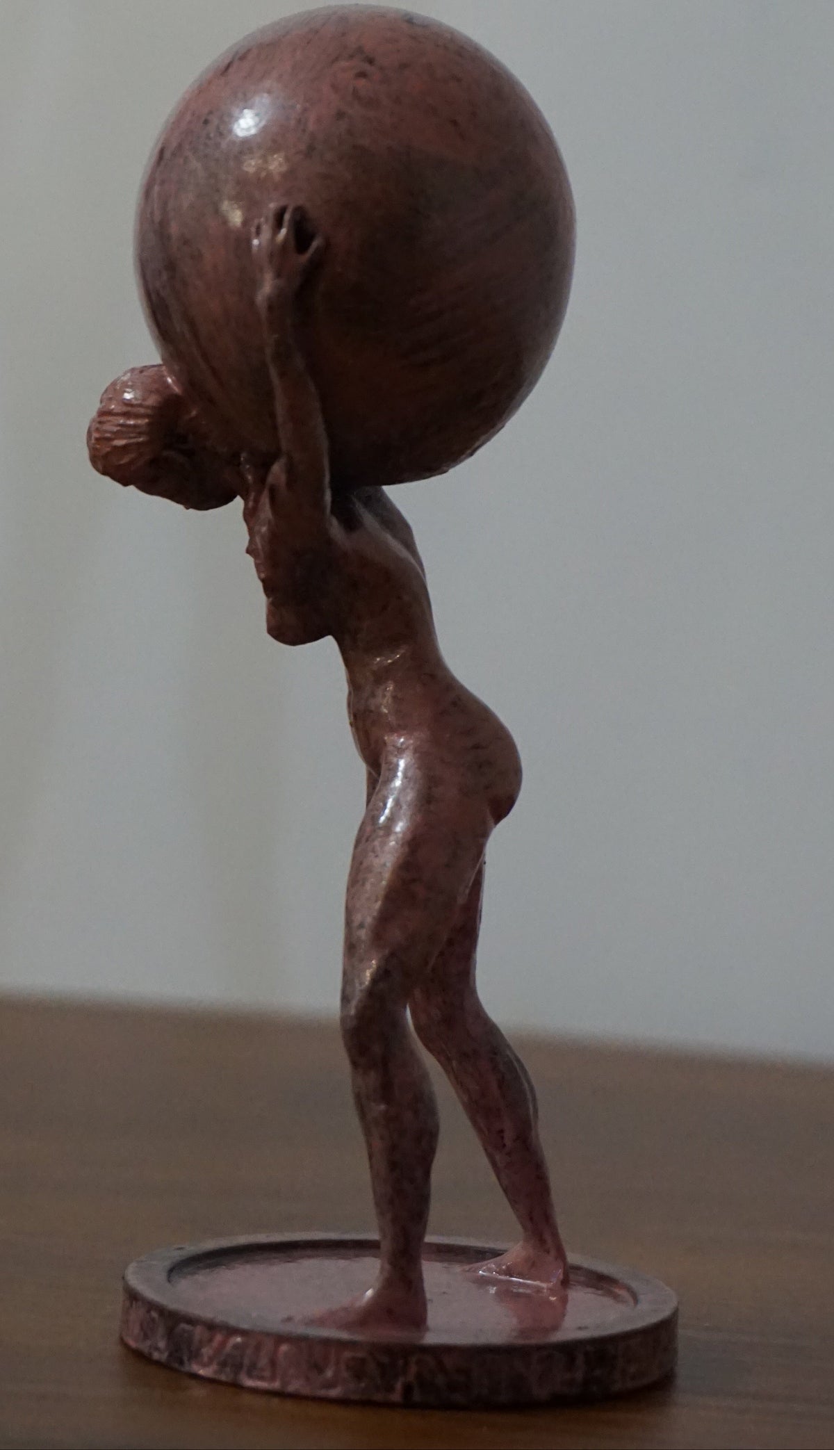 Female Atlas Statue | Woman Carrying Globe Sculpture | Antique Pink Figure | World Bearer Statue | Mythology Inspired Decor