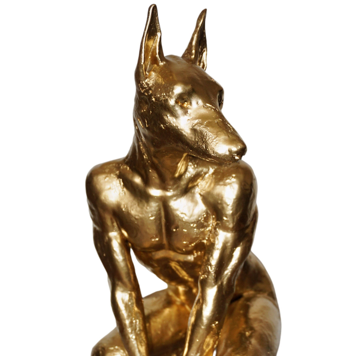 Gold Doberman Statue | Muscular Dog Sculpture | Anthropomorphic Canine Figurine | Modern Animal Art | Unique Gold Dog Decor