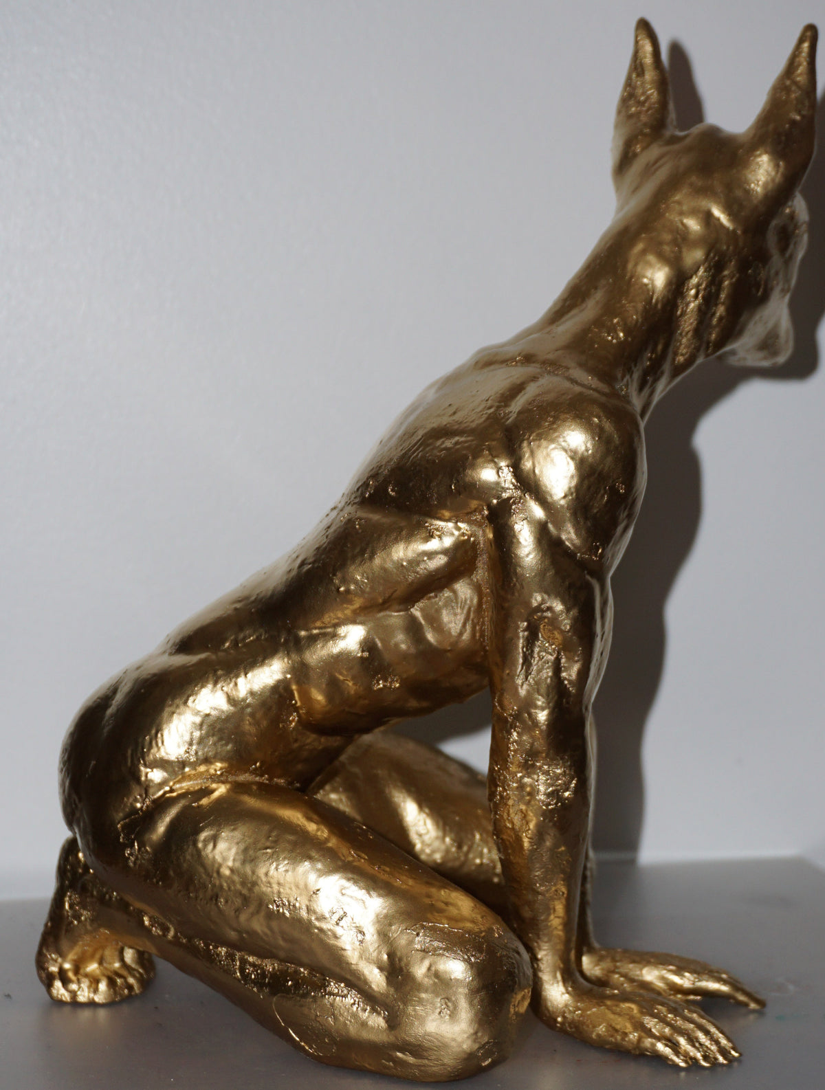 Gold Doberman Statue | Muscular Dog Sculpture | Anthropomorphic Canine Figurine | Modern Animal Art | Unique Gold Dog Decor