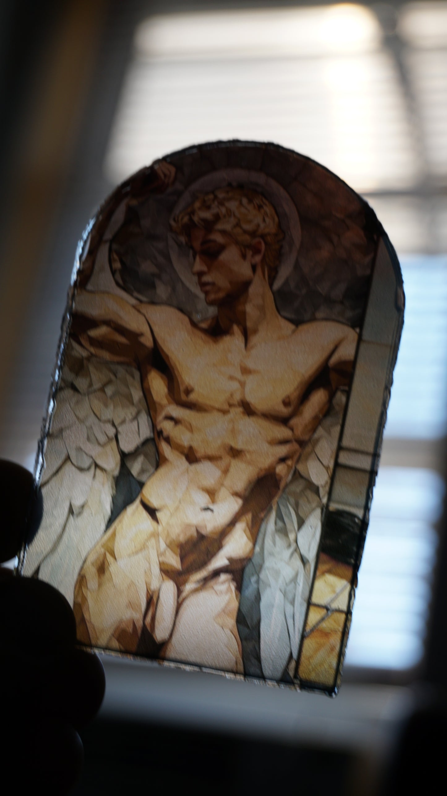Nude Angel Man Stained Glass Acrylic Art | Male Angel Window Decor | Classical Male Figure Art | Colorful Acrylic Panel | Unique Wall Art