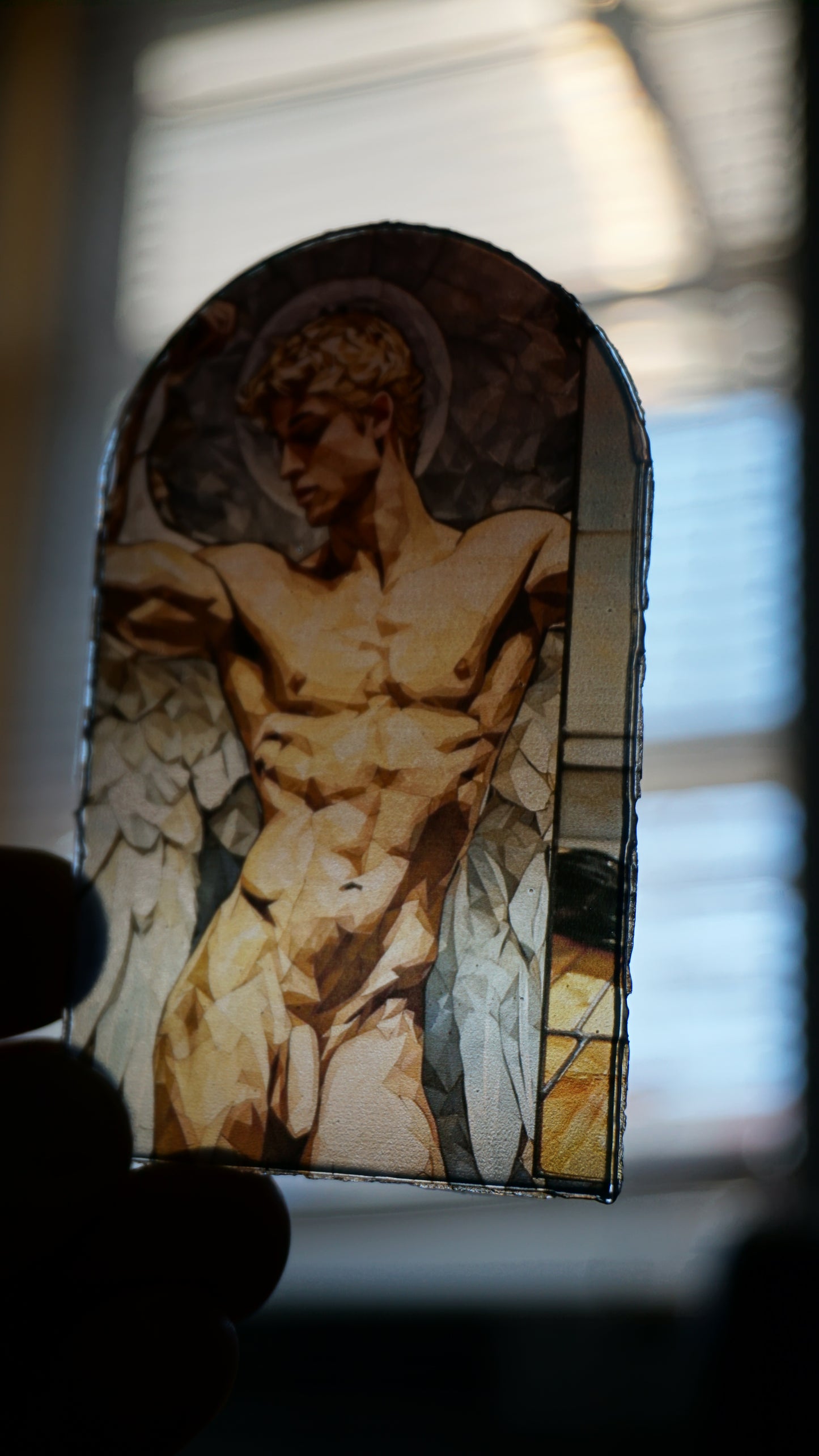Nude Angel Man Stained Glass Acrylic Art | Male Angel Window Decor | Classical Male Figure Art | Colorful Acrylic Panel | Unique Wall Art