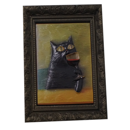 Cat Drinking Red Wine Relief Wall Art | Funny Sophisticated Cat Portrait | Framed Cat Artwork | Vintage Feline Decor | Custom Frame Color